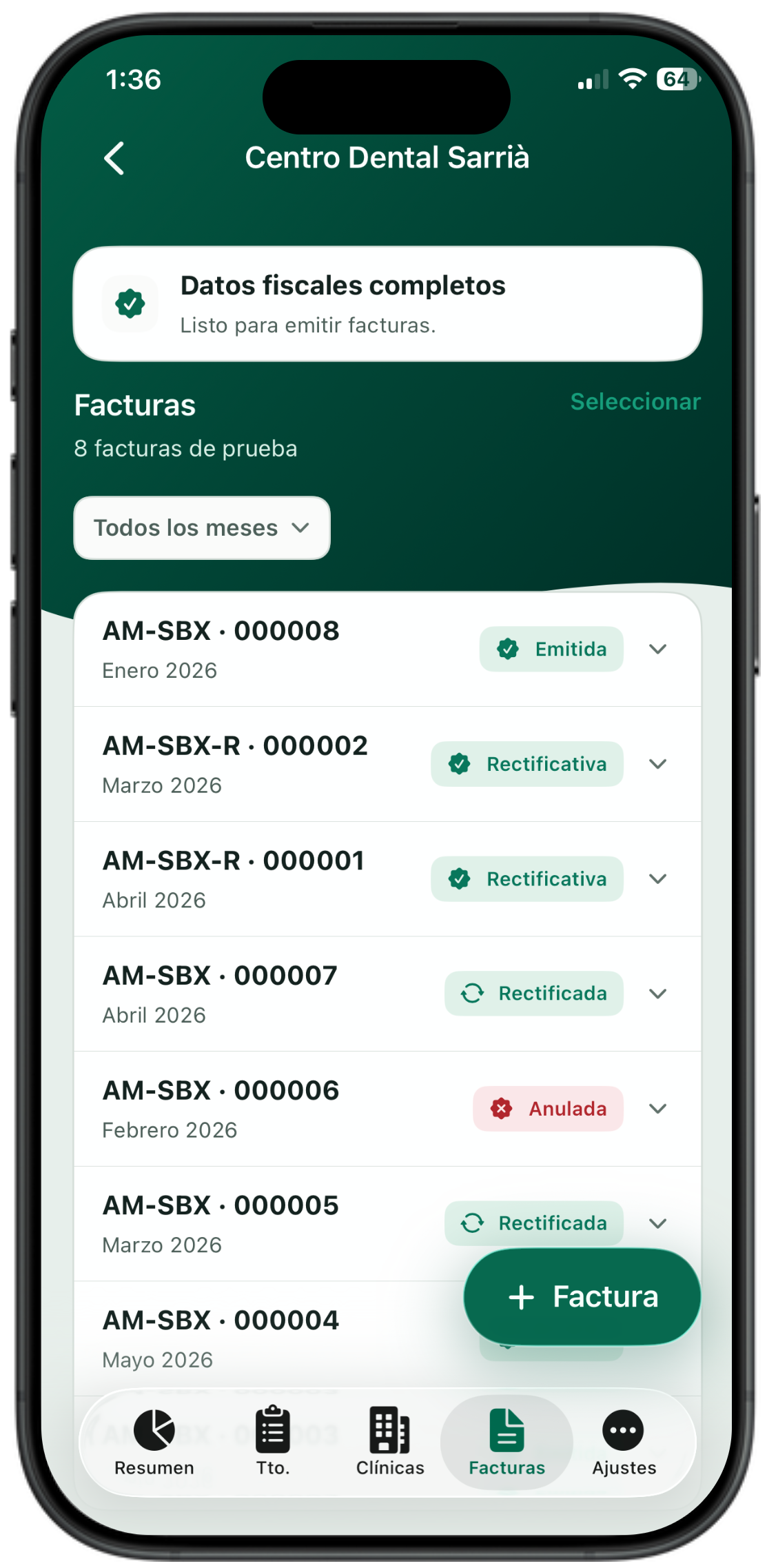 Amaras — facturas emitidas por clínica con estados Emitida y Rectificativa