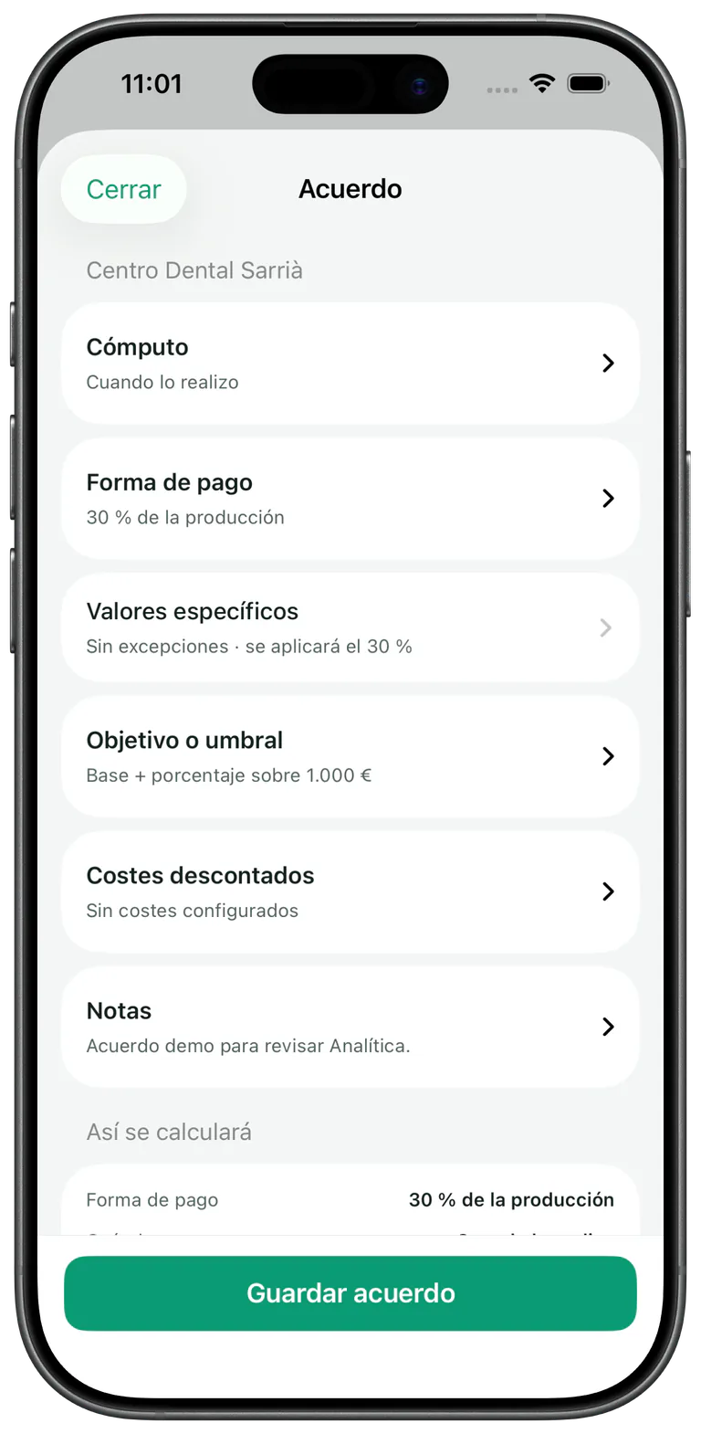 Pantalla del acuerdo de una clínica con cómputo, forma de pago, objetivo y costes.