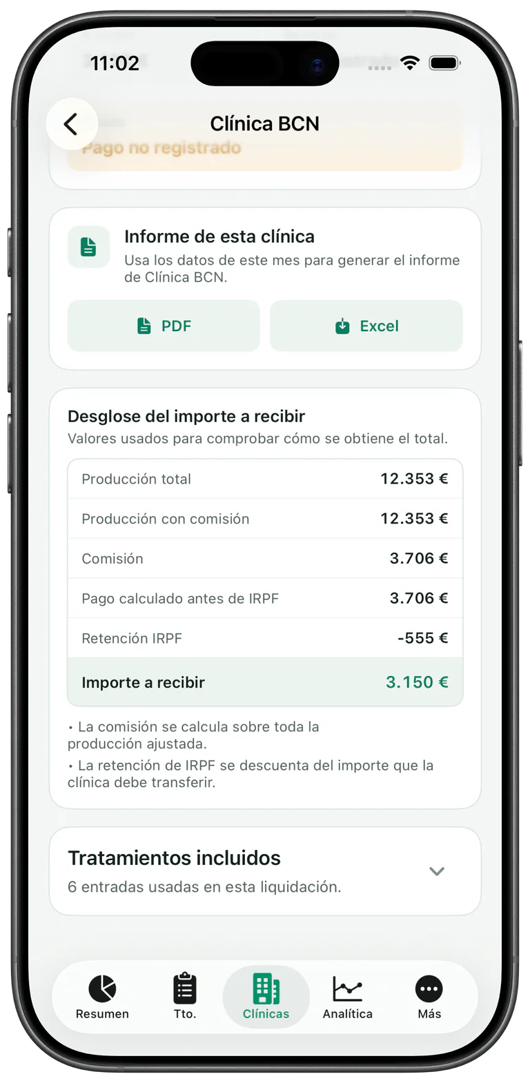 Detalle de Amaras con producción, comisión, pago calculado, retención e importe a recibir.